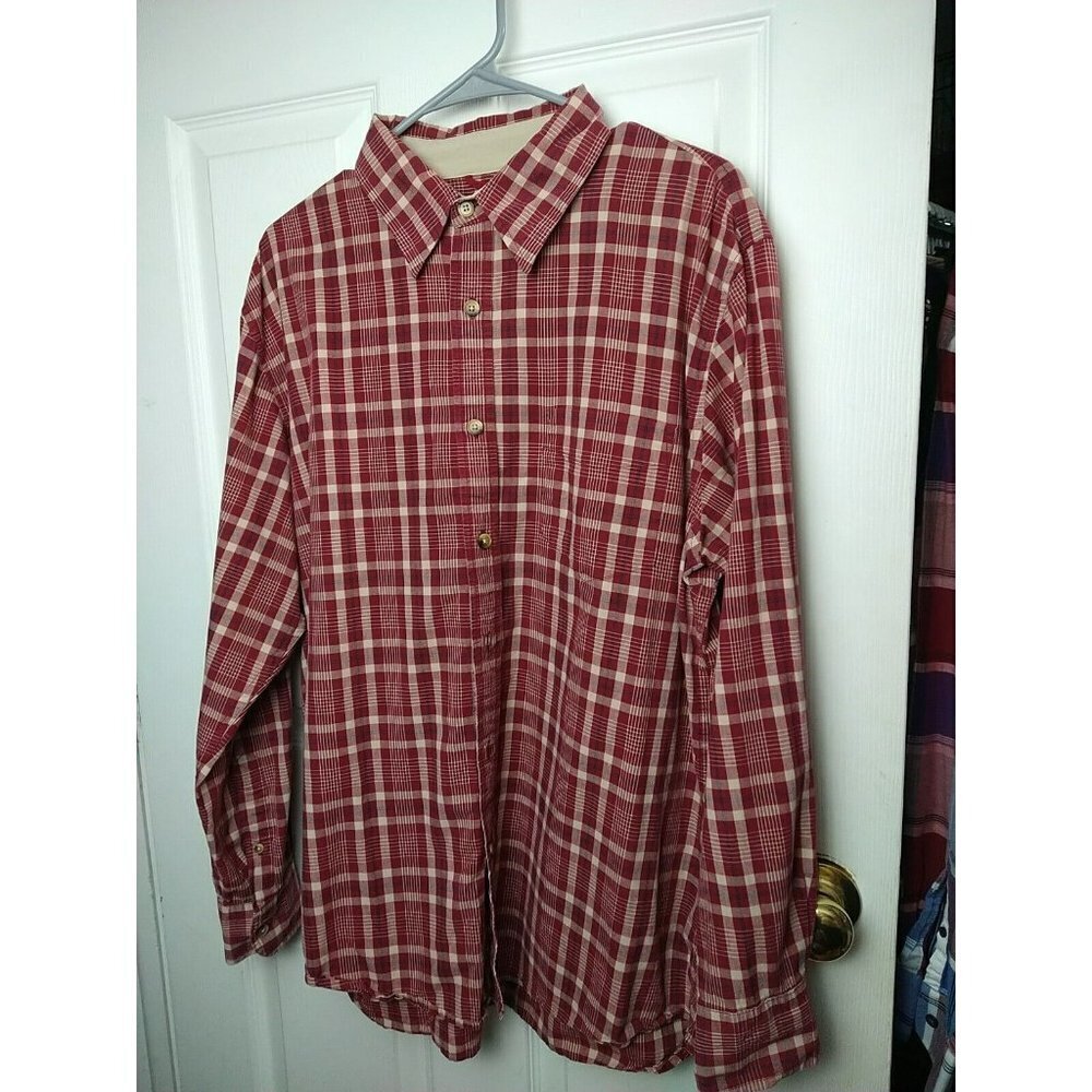 DOCKERS Men Red Blue Creme Plaid collared  Long Sleeve Button dress Shirt Size L